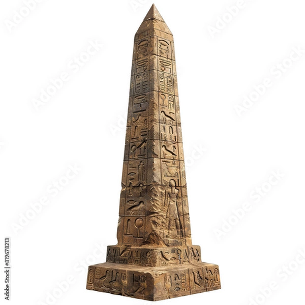 Obraz Ancient stone obelisk with hieroglyphs, isolated on a white background. Historic monument representing ancient Egyptian culture. Isolate on white background