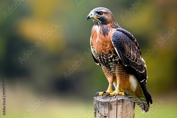 Fototapeta Hawk perched on a fence post
