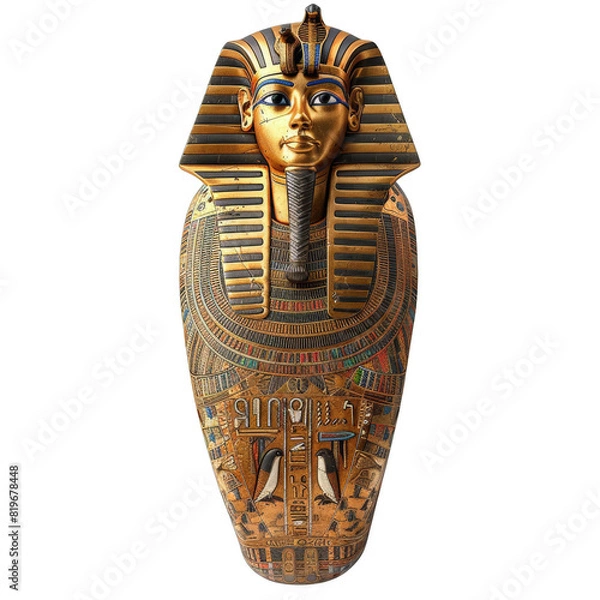 Fototapeta Ancient Egyptian Pharaoh Tutankhamun golden sarcophagus, intricate design showcasing rich history and cultural heritage. Isolate on white background