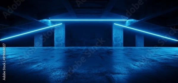 Obraz Industrial Futuristic Blue Lasers Cement Grunge Concrete Glossy Dark Underground Parking Garage Hangar Warehouse Showroom Studio Spaceship Realistic 3D Rendering