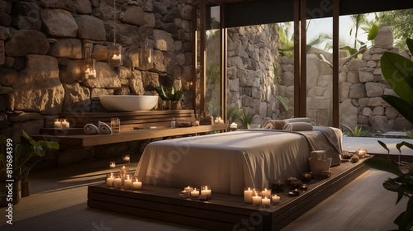 Fototapeta Design of a spa resort. Luxury massage room with big table, towels and different decorations