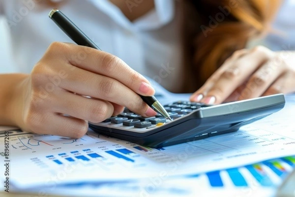 Fototapeta Female accountant using calculator and pen for business data and accounting document calculation