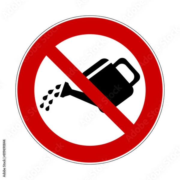 Fototapeta No watering prohibition sign. Vector illustration of red crossed out circle sign with water can icon inside. Watering is prohibited. Drought symbol. Restricted area.