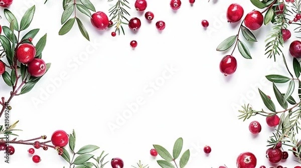Fototapeta   An overhead view of cranberries and leaves on a white background, leaving room for text in the middle