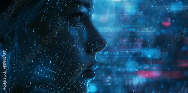 Fototapeta Big Digital Systems, Seamless Connectivity, and the Essence of Conceptual Technology.Face of futuristic and Innovative Imagery AI and Automation use of artificial intelligence and automation in busine