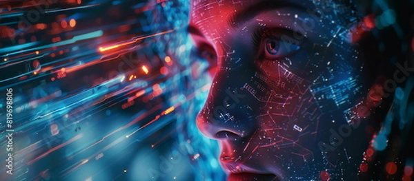 Fototapeta Big Digital Systems, Seamless Connectivity, and the Essence of Conceptual Technology.Face of futuristic and Innovative Imagery AI and Automation use of artificial intelligence and automation in busine