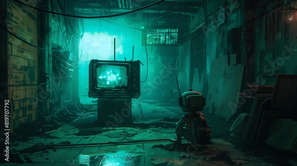 Fototapeta robot in a green room watch tv Generative AI

