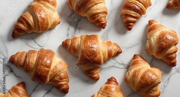 Fototapeta Top view shot of Fresh croissants on a trendy marble table, close up, French breakfast concept
