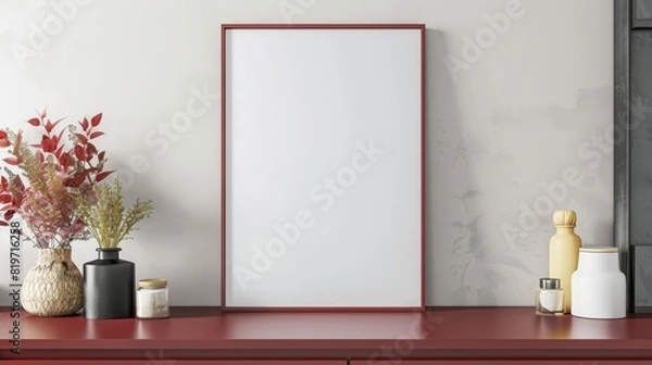 Fototapeta Elegant black framed mockup with floral decor, red console table, perfect for interior design presentations, Frame mockup