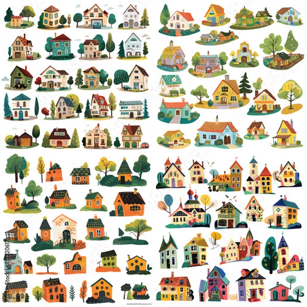 Fototapeta Colorful artistic village houses with unique architecture and charming landscapes. Ideal for game design, concept art, and creative illustration projects.

