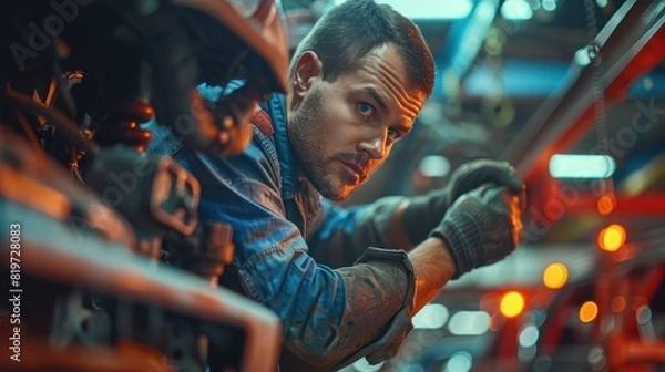 Fototapeta Auto Mechanic at Work in Garage - Focused auto mechanic in red uniform working on a car engine in a busy garage, showcasing precision and expertise in automotive repair.