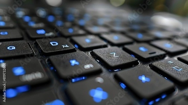 Fototapeta   A close-up view of a black keyboard with blue lettering on the keys and numerical digits on the keys