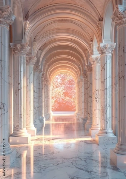 Fototapeta Marble Columns and Pink Sky in a Long Corridor