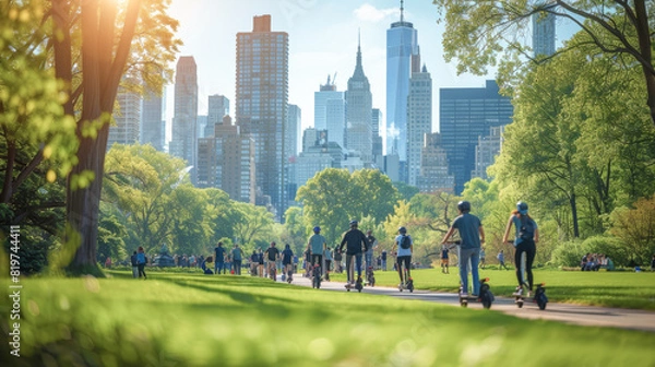 Fototapeta A sunny day in the park with people enjoying leisure activities, framed by a backdrop of skyscrapers, depicting urban green space usage