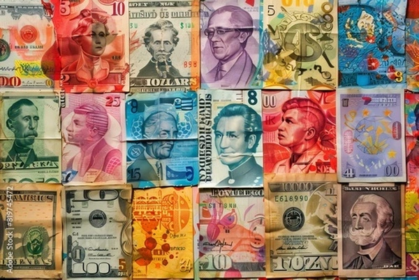 Fototapeta A close up of a variety of banknotes on a table