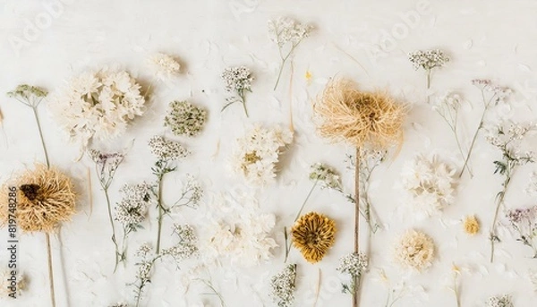 Fototapeta Dry flowers and herbs on a light background. Abstract, boho style. Can be used for presentations, postcards, invitations, and social media