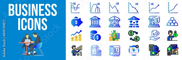 Fototapeta BUSINESS ICONS set, Containing performance, analytics, bank, assign, exchange, budget, loan, sponsorship, meeting, piggy-bank, spreadsheet, Solid icon collection. Vector illustration