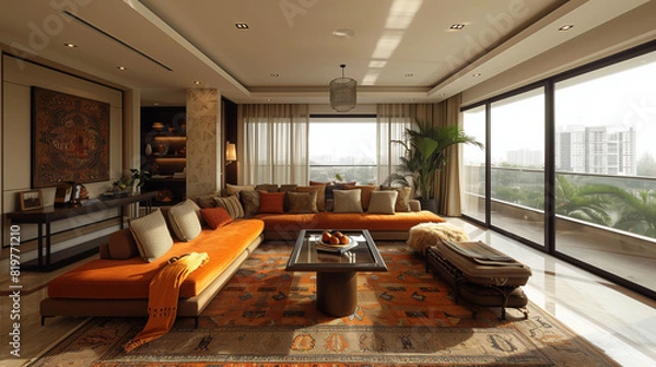 Obraz A lavish apartment home adorned with contemporary designs and traditional Indian influences. Ai Generated