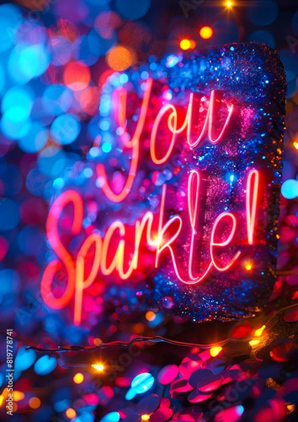 Obraz Neon Sign You Sparkle! with Colorful Bokeh Lights, Glitter Decor, and Festive Night Ambiance - Motivational Decor, Celebration, and Party Mood