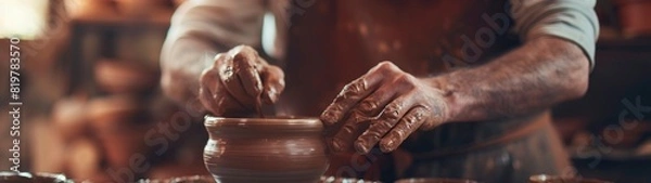 Fototapeta Dedicated Artist, Serene shot of potter's focused expression, Spinning wheel and forming pot in foreground