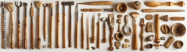 Fototapeta Organized Tools, Overhead shot of pottery tools, Including trimming and needle tools, Laid out neatly