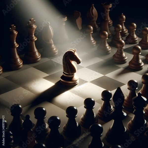 Obraz Chess board with highlighted knight represents leadership and right desicions