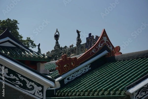 Obraz Scenic cityscape of China temple featuring a green rooftop adorned with red and white decorations