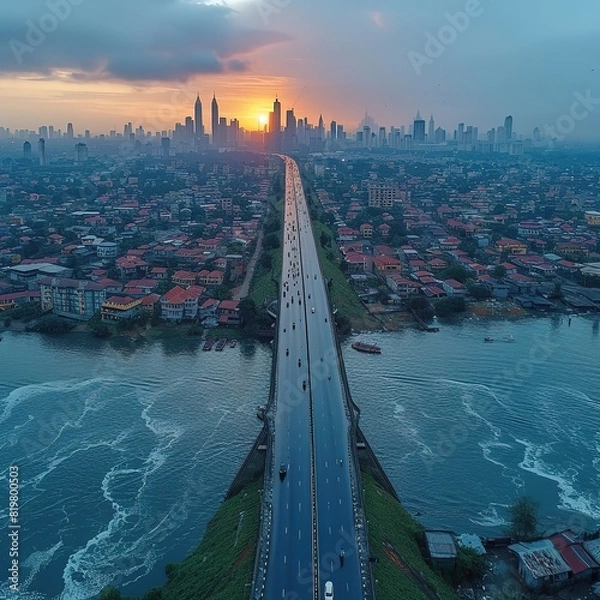 Obraz Victoria Island, Lagos - Nigeria - August 1, 2021: Drone view of the bridges, resisdential buildings and office structures in the most populous city in West Africa Please provide high-resolution