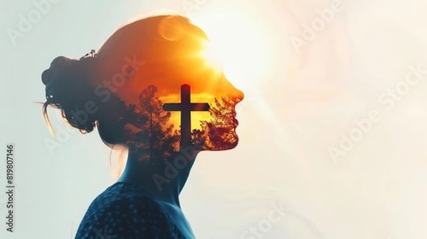 Obraz Double exposure of a woman's silhouette with a Jesus cross and nature scene symbolizing spirituality, faith, and meditation.