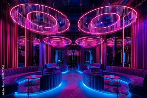 Obraz A luxurious room with circular chandeliers, neon underlighting, and a black light background providing a dramatic glow