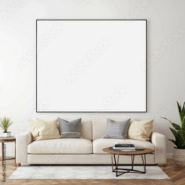Fototapeta Modern interior of open space with design modular sofa, furniture, wooden coffee tables, plaid, pillows, tropical plants and elegant personal accessories in stylish home decor. Neutral living room.	