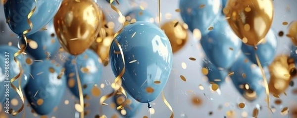 Obraz Corporate anniversary event, featuring elegant blue and gold balloon decorations, confetti creating a festive atmosphere, digital render for corporate marketing
