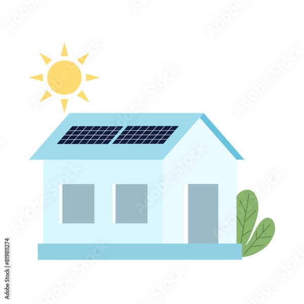 Obraz Solar panels on the roof country house with sun and plant. Home alternative electricity. Vector illustration.