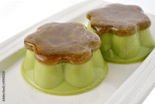 Obraz Matcha green tea custard with sweet minced red bean on plate