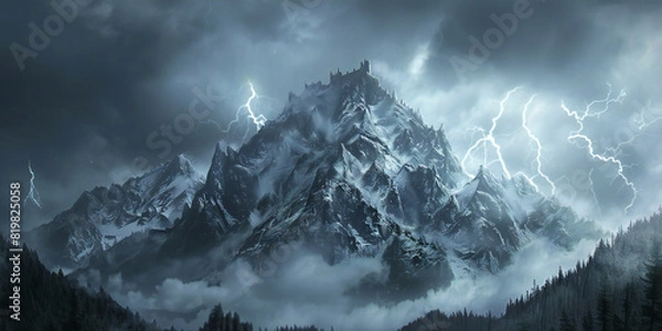 Fototapeta Epic Wide-Angle View of a Dark Fortress-Crowned Mountain Range with Dynamic Storm Lighting, Jagged Peaks, and Dramatic Atmosphere