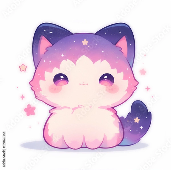 Obraz Nebula cat kawaii illustration for stickers, logos and emotes, cloudy galaxy texture adorable cute design stationery set