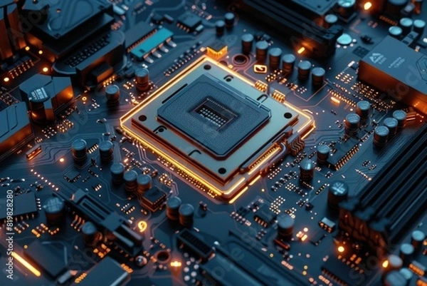 Fototapeta Detailed view of a computer motherboard. Ideal for technology concepts