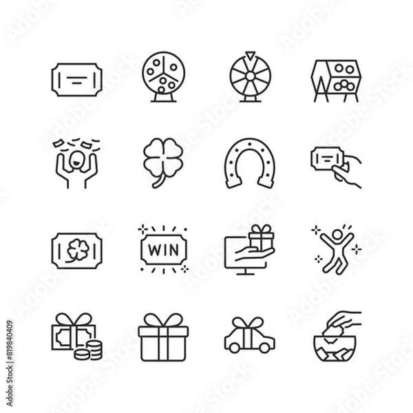 Fototapeta Raffle and Giveaway, linear style icon set. Drawings and games of chance. Equipment, tickets, lucky charms and winning prize. Editable stroke width