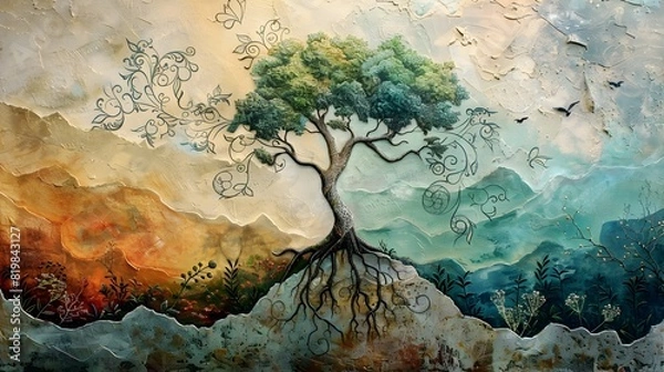Fototapeta Interconnected Resilience A Fresco Style Depiction of Nature s Adaptation to Climate Change