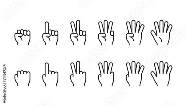 Obraz Finger Counting Gestures, linear style icon set. Hands showing numbers one through five. Hand signals for basic numerals. Editable stroke width.
