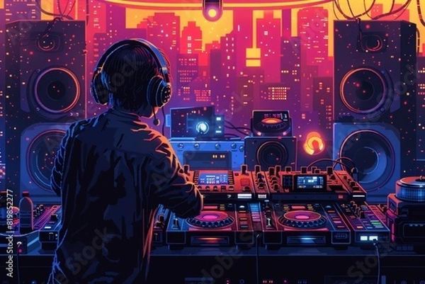 Fototapeta A DJ is mixing music in a club. The DJ is wearing headphones and is surrounded by turntables and mixers. The club is dark and the lights are flashing.