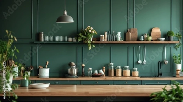 Obraz Kitchen design showcasing sleek green wall panels complemented by a rustic wooden shelf,