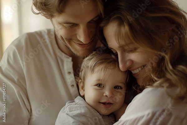 Fototapeta A happy man and woman are holding a baby, smiling with joy. Generative AI