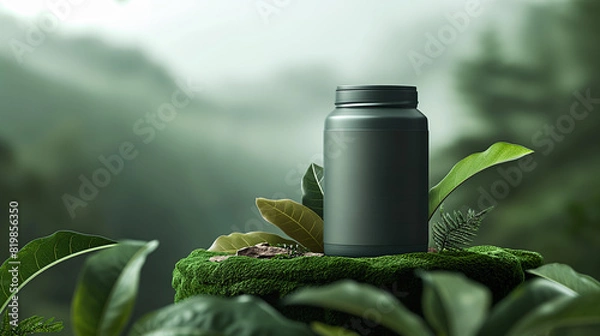 Fototapeta mockup of a green jar presented in a natural scenery on a mossy tree trunk, probably containing a food supplement or cosmetics product