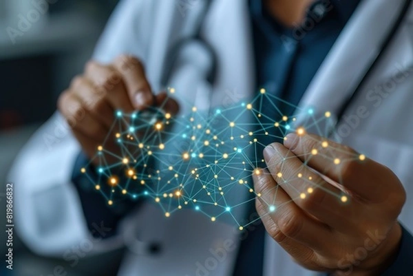 Fototapeta Cardiologist doctor with stethoscope in hand toching medical icon network connection on modern virtual screen networking inerface, medical technology and patient concept, blank text