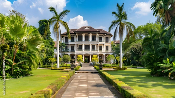 Fototapeta A large house with a lush green lawn and palm trees in the background