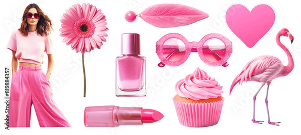 Obraz Set of pink fashion objects and model on png background. Ideal set for design and collage art. Pink aesthetic trends.
