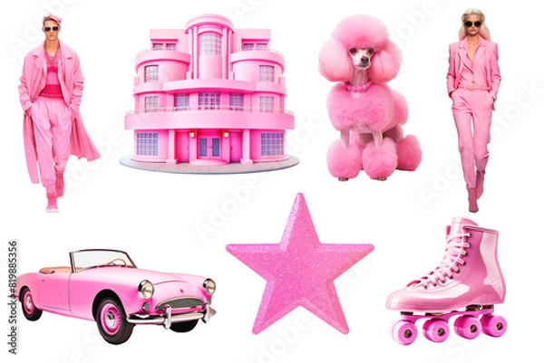 Obraz Set of pink fashion objects and models on png background. Ideal set for design and collage art. Pink aesthetic trends.