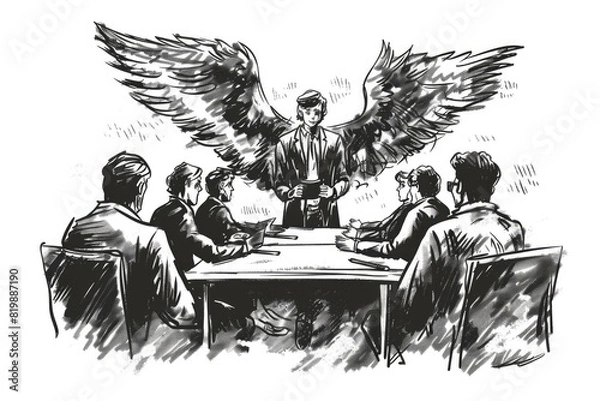 Fototapeta Black and white drawing of a man addressing a crowd, suitable for business presentations or educational materials