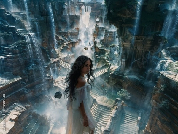 Fototapeta Mystical Woman in Ancient Fantasy Landscape with Waterfalls and Stone Steps